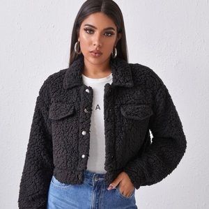 SHEIN Button Teddy Jacket (Black) (XL)
